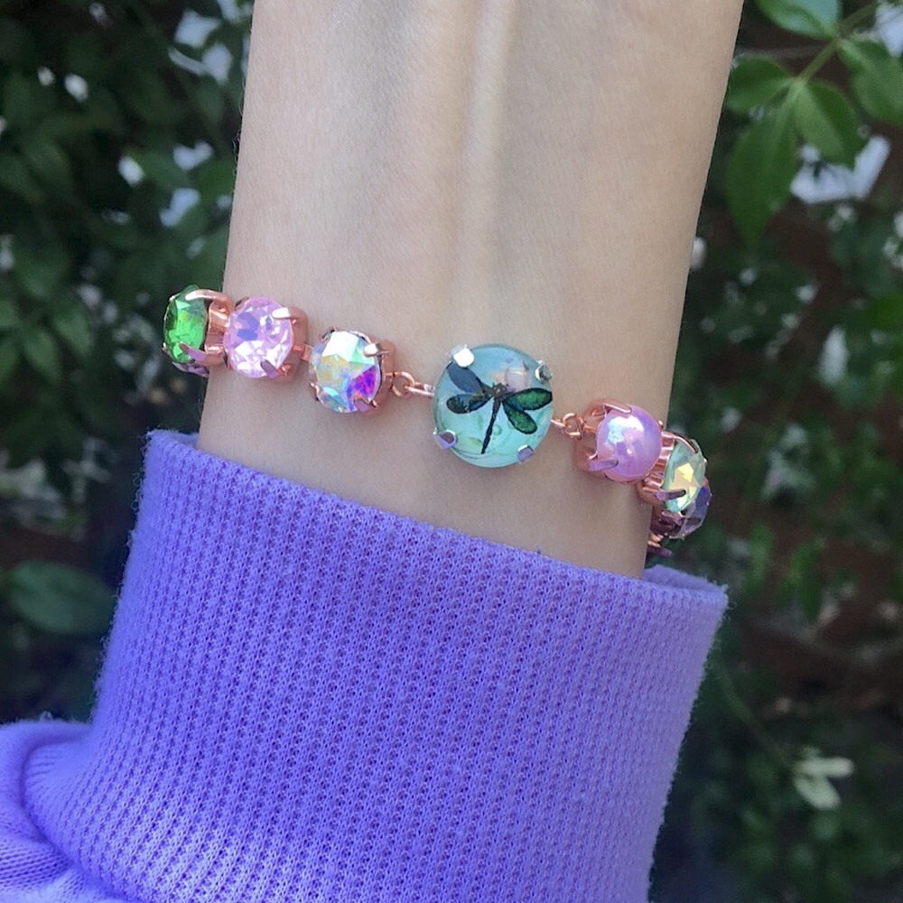 Pink Opal Aurora Borealis + Peridot Dragonfly Charm Crystal Tennis Bracelet - Picture 15 of 16